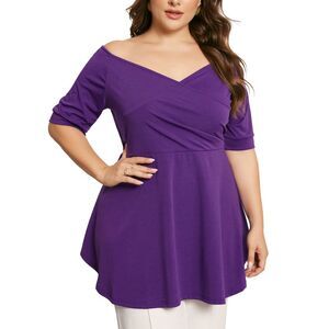 Plus Size Tops V Neck Wrap Short Sleeve Peplum Top Blouse Purple